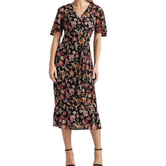 Ralph Lauren Black Floral Georgette Dress Short Flutter Sleeve Faux Wrap SZ 0 NW - Picture 2 of 16